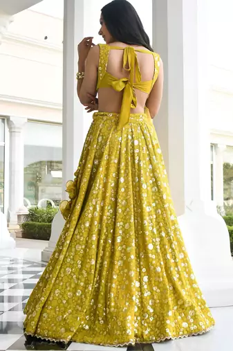 olive georgette embroidered lehenga choli with dupatta