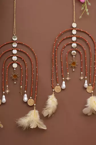 boho celestial arch bridal kaleere with feather & pearl drops - set of 2 pieces