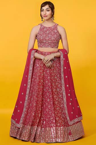 red georgette embroidered lehenga choli with dupatta