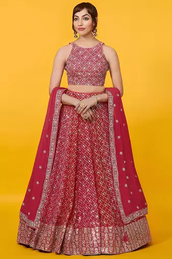 red georgette embroidered lehenga choli with dupatta
