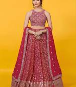 red georgette embroidered lehenga choli with dupatta