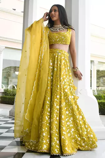 olive georgette embroidered lehenga choli with dupatta