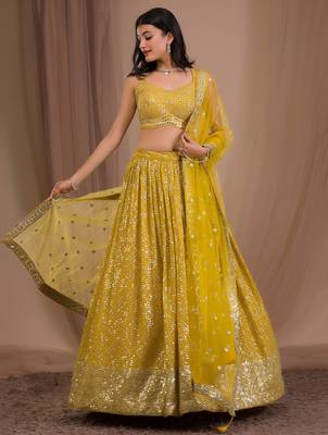 yellow georgette embroidered lehenga choli with dupatta 1