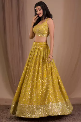 yellow georgette embroidered lehenga choli with dupatta