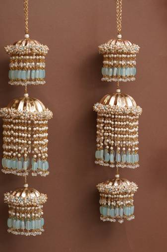 pastel pearl tiered bridal kaleere with mint bead drops - set of 2 pieces