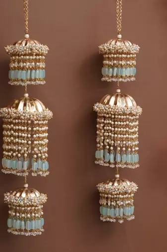 pastel pearl tiered bridal kaleere with mint bead drops - set of 2 pieces