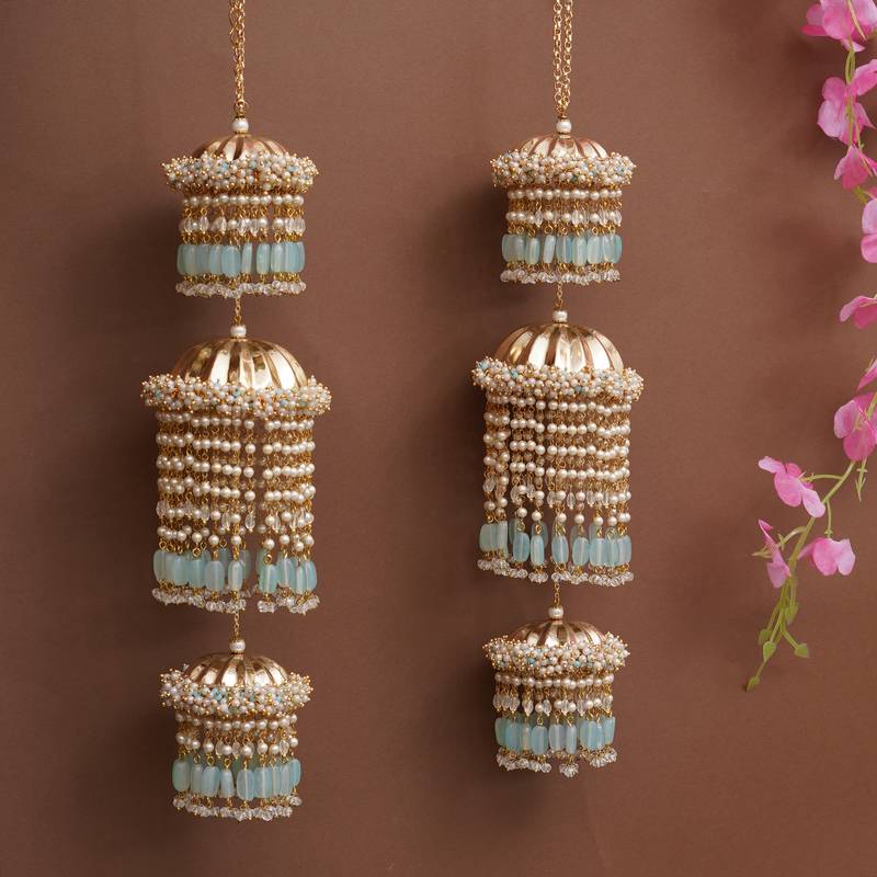 pastel pearl tiered bridal kaleere with mint bead drops - set of 2 pieces
