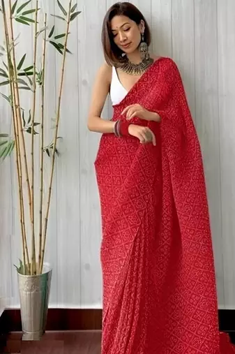 red bandhani georgette saree with unstitched blouse