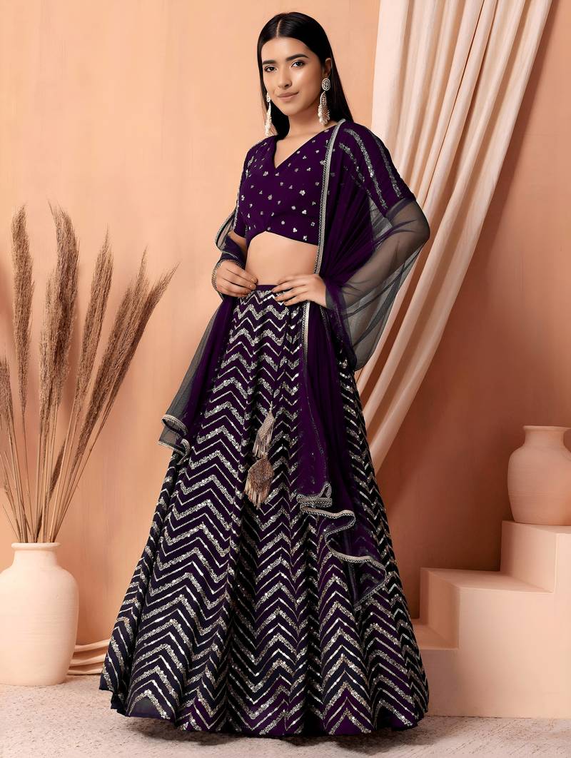 purple georgette embroidered lehenga choli with dupatta