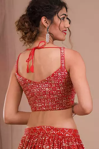 red georgette embroidered lehenga choli with dupatta