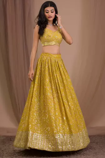 yellow georgette embroidered lehenga choli with dupatta