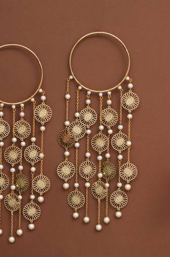 sunburst coin bridal kaleere with pearl drop chains - set of 2 pieces