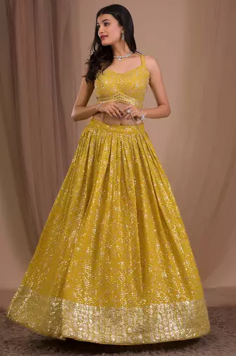 yellow georgette embroidered lehenga choli with dupatta