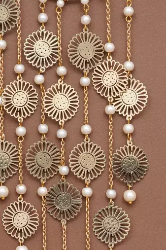 sunburst coin bridal kaleere with pearl drop chains - set of 2 pieces