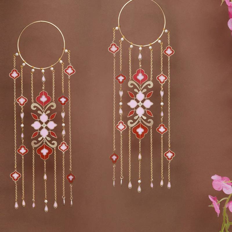 floral enamel bridal kaleere with pearl drop chains - set of 2 pieces