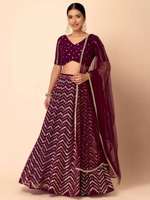 maroon georgette embroidered lehenga choli with dupatta 1