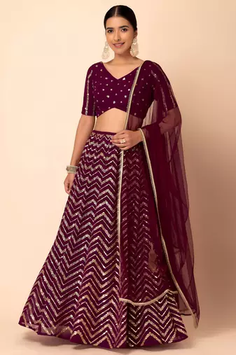 maroon georgette embroidered lehenga choli with dupatta