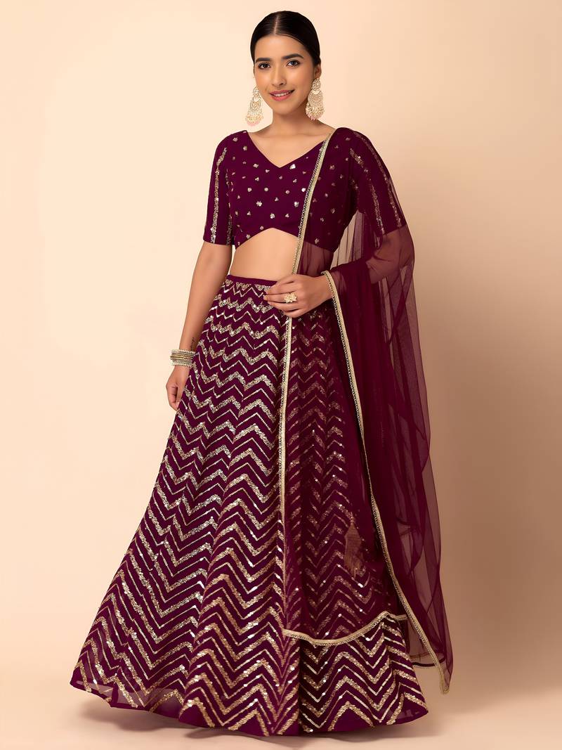 maroon georgette embroidered lehenga choli with dupatta