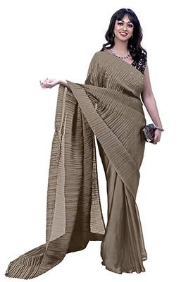 beige solid satin saree with unstitched blouse 2