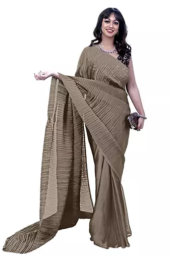 beige solid satin saree with unstitched blouse