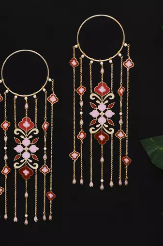 floral enamel bridal kaleere with pearl drop chains - set of 2 pieces
