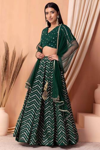 green georgette embroidered lehenga choli with dupatta