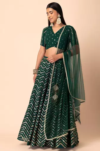green georgette embroidered lehenga choli with dupatta