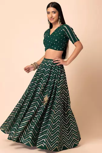 green georgette embroidered lehenga choli with dupatta