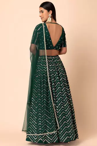 green georgette embroidered lehenga choli with dupatta