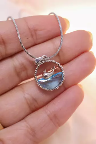 Silver whale pendant necklace for women | blue crystal ocean charm