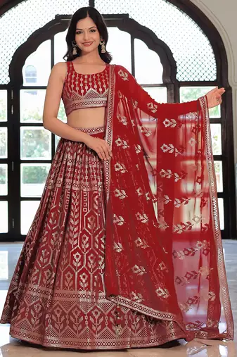 maroon georgette embroidered lehenga choli with dupatta