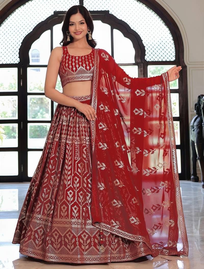 maroon georgette embroidered lehenga choli with dupatta