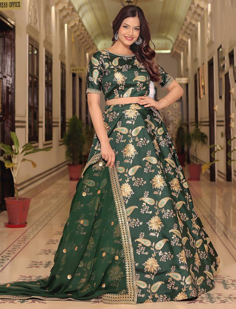 green art silk embroidered lehenga choli with dupatta