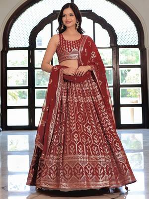 maroon georgette embroidered lehenga choli with dupatta 2