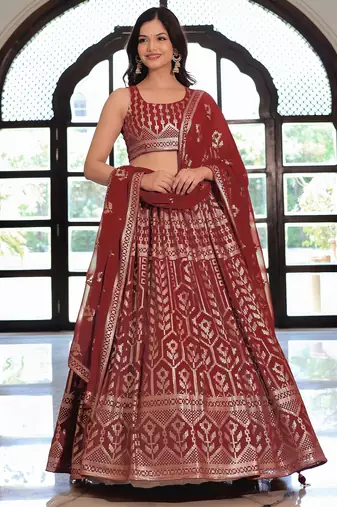 maroon georgette embroidered lehenga choli with dupatta