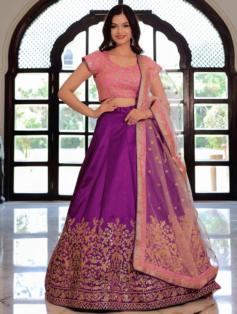 purple silk blend embroidered lehenga choli with dupatta