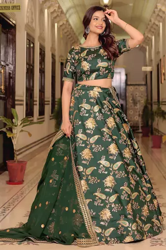 green art silk embroidered lehenga choli with dupatta