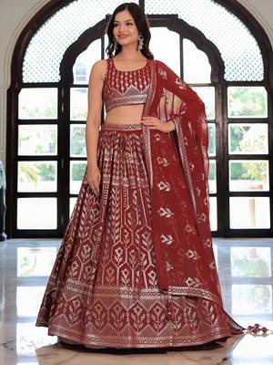 maroon georgette embroidered lehenga choli with dupatta 4