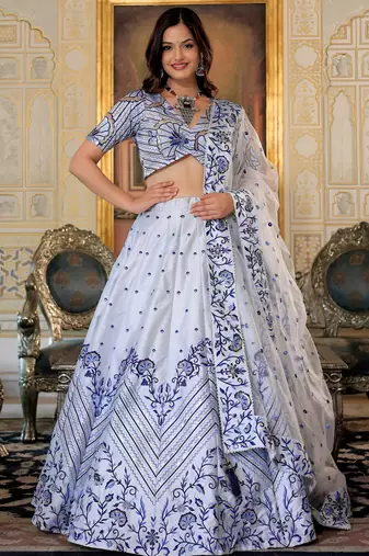 white satin embroidered lehenga choli with dupatta