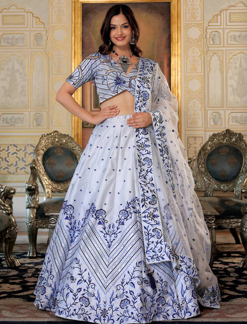 white satin embroidered lehenga choli with dupatta