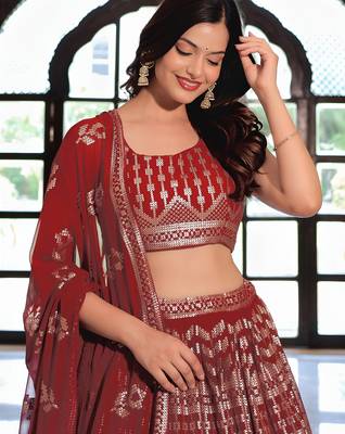 maroon georgette embroidered lehenga choli with dupatta 5