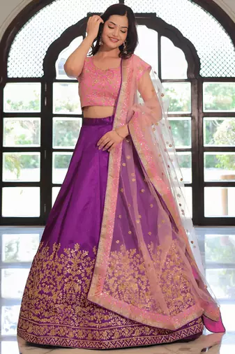 purple silk blend embroidered lehenga choli with dupatta