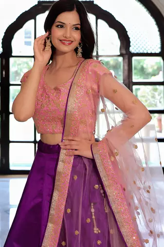 purple silk blend embroidered lehenga choli with dupatta