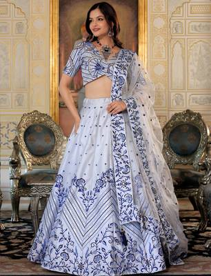 white satin embroidered lehenga choli with dupatta 2