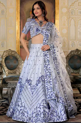white satin embroidered lehenga choli with dupatta