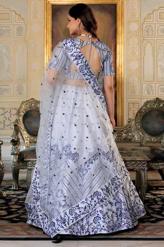 white satin embroidered lehenga choli with dupatta