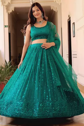 teal blue net embroidered lehenga choli with dupatta