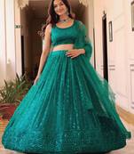 teal blue net embroidered lehenga choli with dupatta
