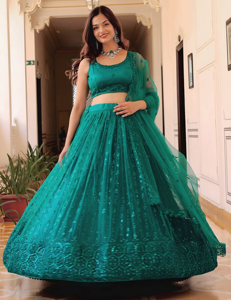 teal blue net embroidered lehenga choli with dupatta
