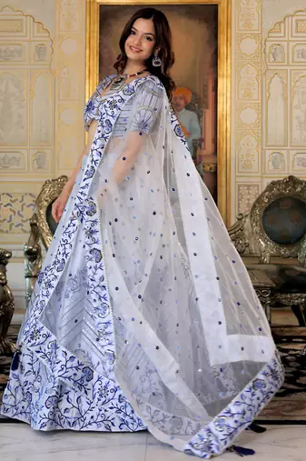 white satin embroidered lehenga choli with dupatta